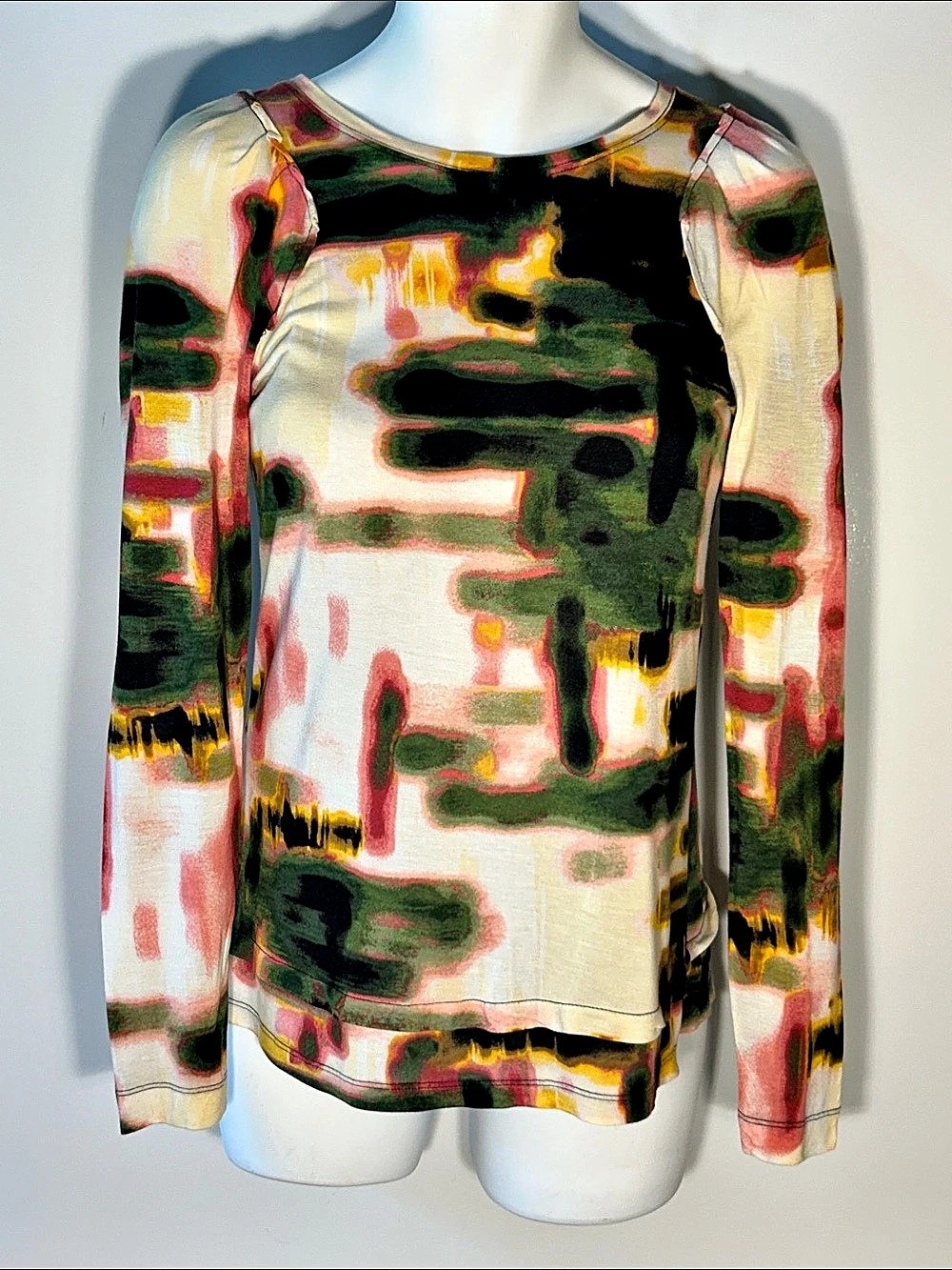 Simply Vera Wang Pink & Green Abstract Long Sleeve Rayon Top Art to Wear Retro